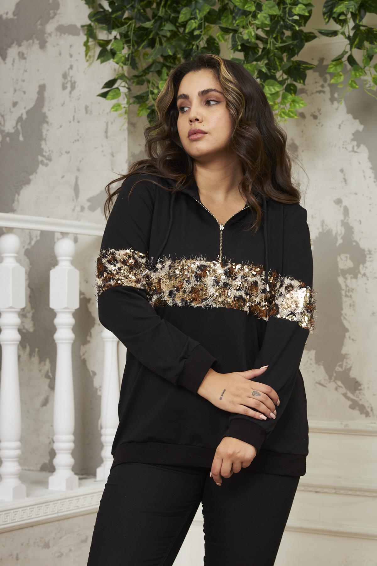 Pul Payet Detaylı Büyük Beden Kahve Sweatshirt