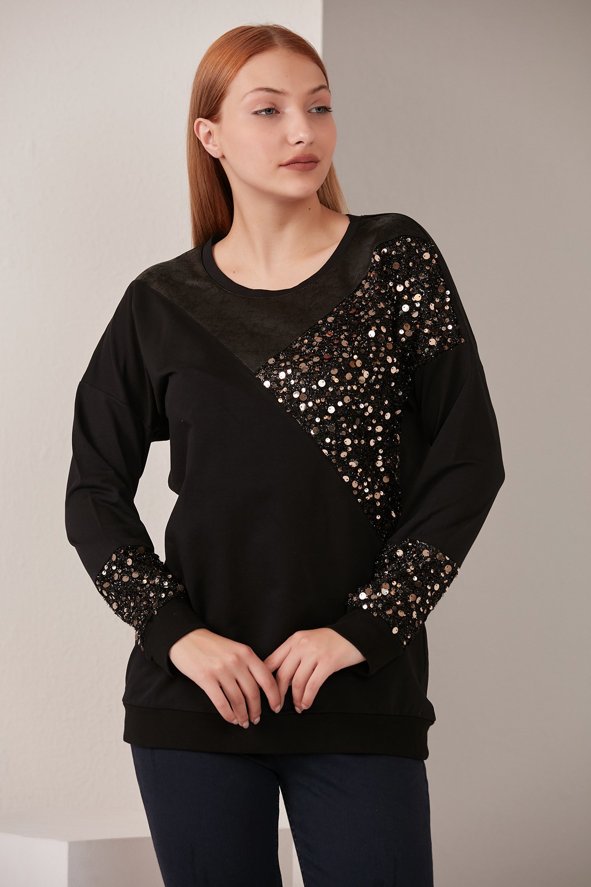 Rmg Pul Payet İşlemeli Deri Detaylı Siyah Sweatshirt