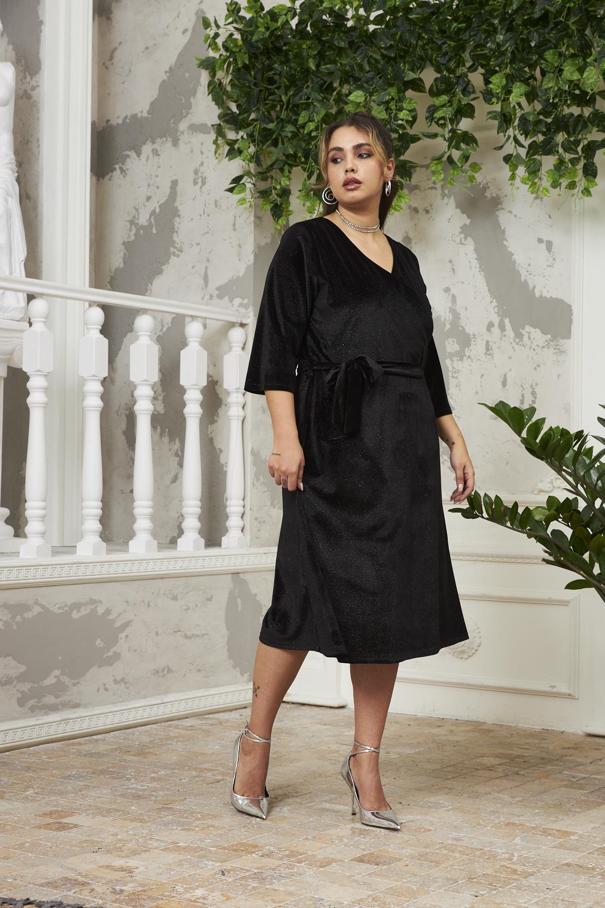 Simli Kadife Büyük Beden Siyah Abiye Elbise