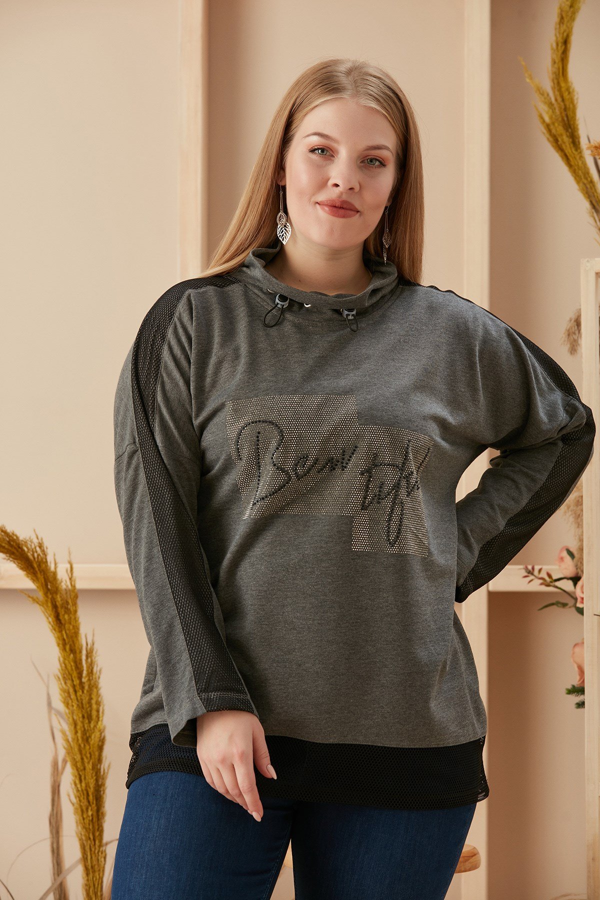 Rmg Taş Baskılı Kollar File Detaylı Antrasit Büyük Beden Sweatshirt