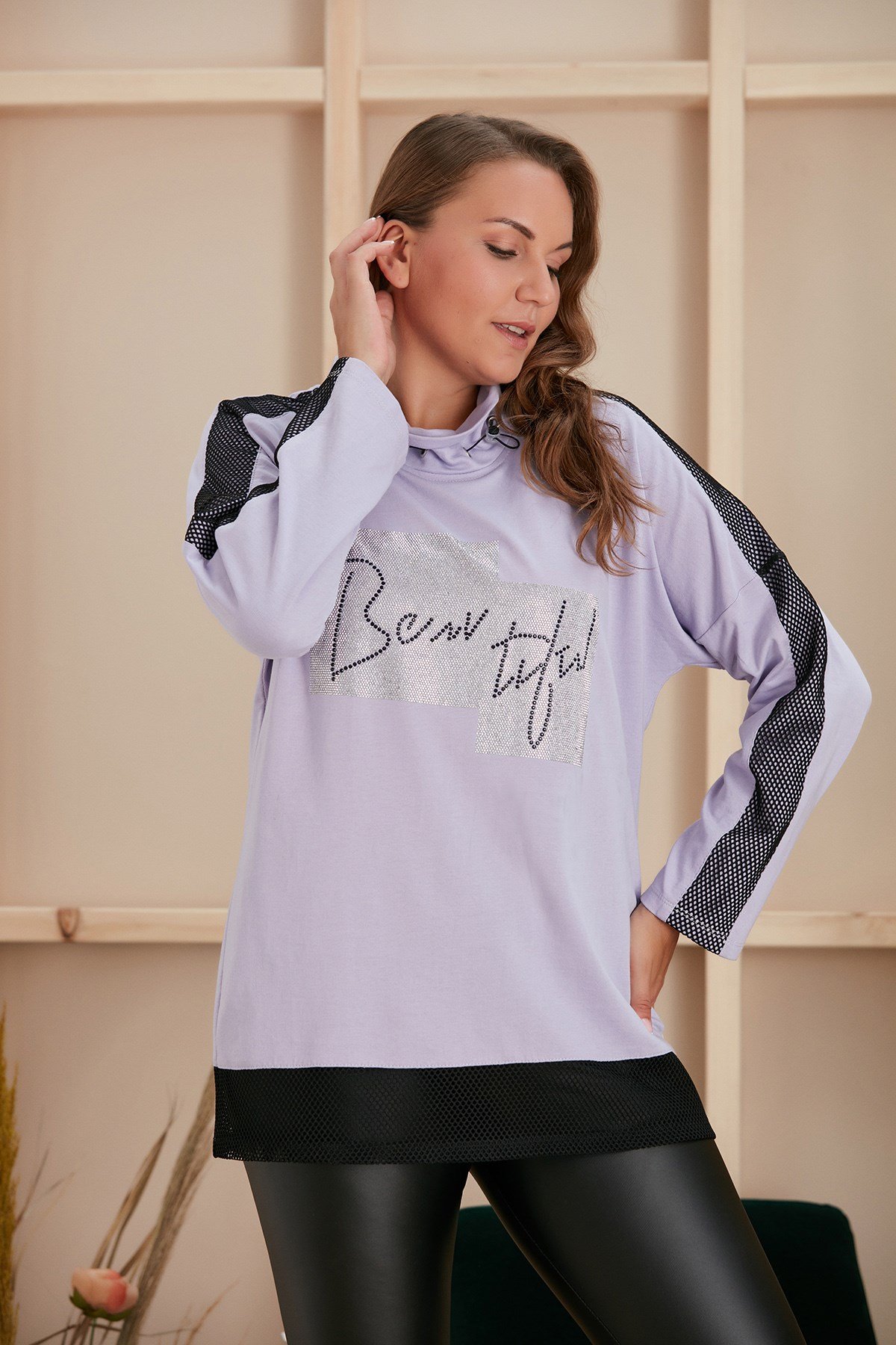 Rmg Taş Baskılı Kollar File Detaylı Lila Büyük Beden Sweatshirt