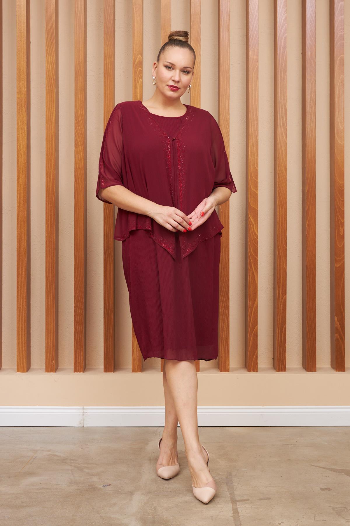 Taş Detaylı Piliseli Büyük Beden Bordo Abiye Elbise
