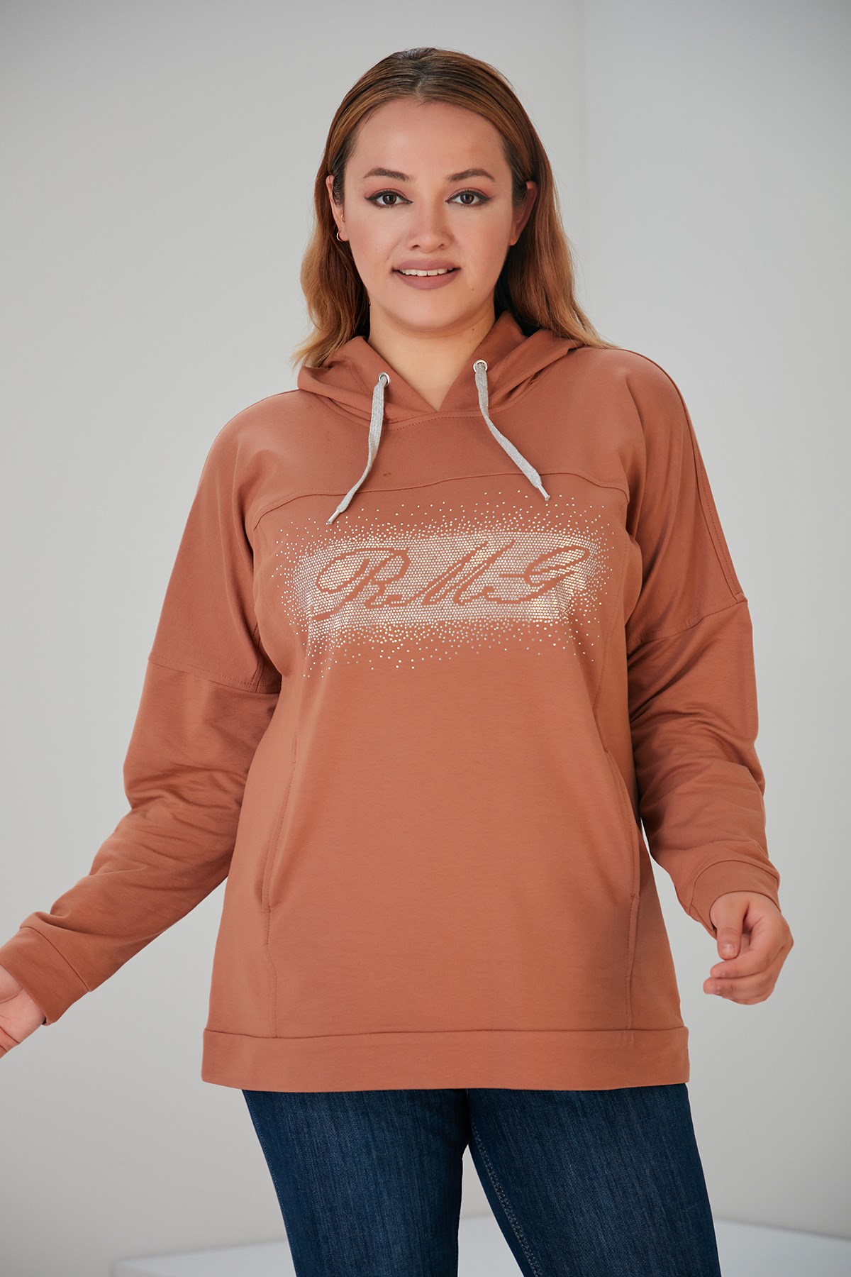 Rmg Taş İşlemeli Büyük Beden Camel Sweatshirt