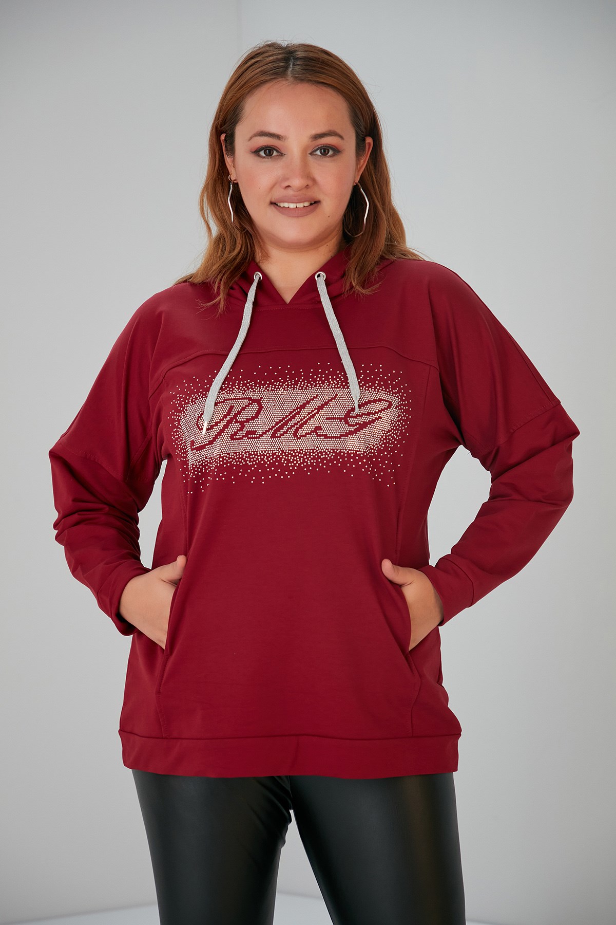 Rmg Taş İşlemeli Büyük Beden Vişne Sweatshirt