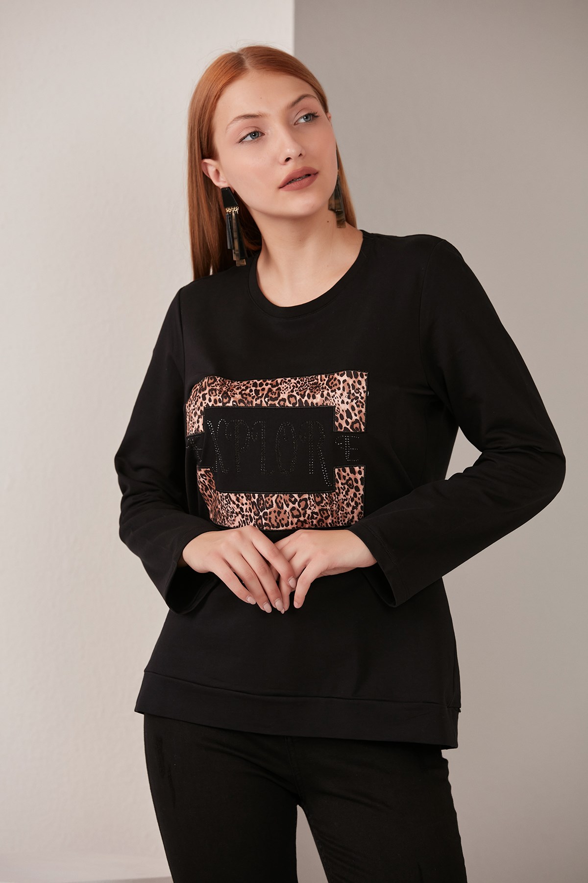 Rmg Taş İşlemeli Leopar Garnili Siyah Sweatshirt