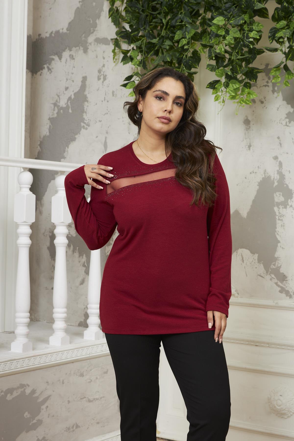 Taş ve Tül Detaylı Büyük Beden Bordo Bluz