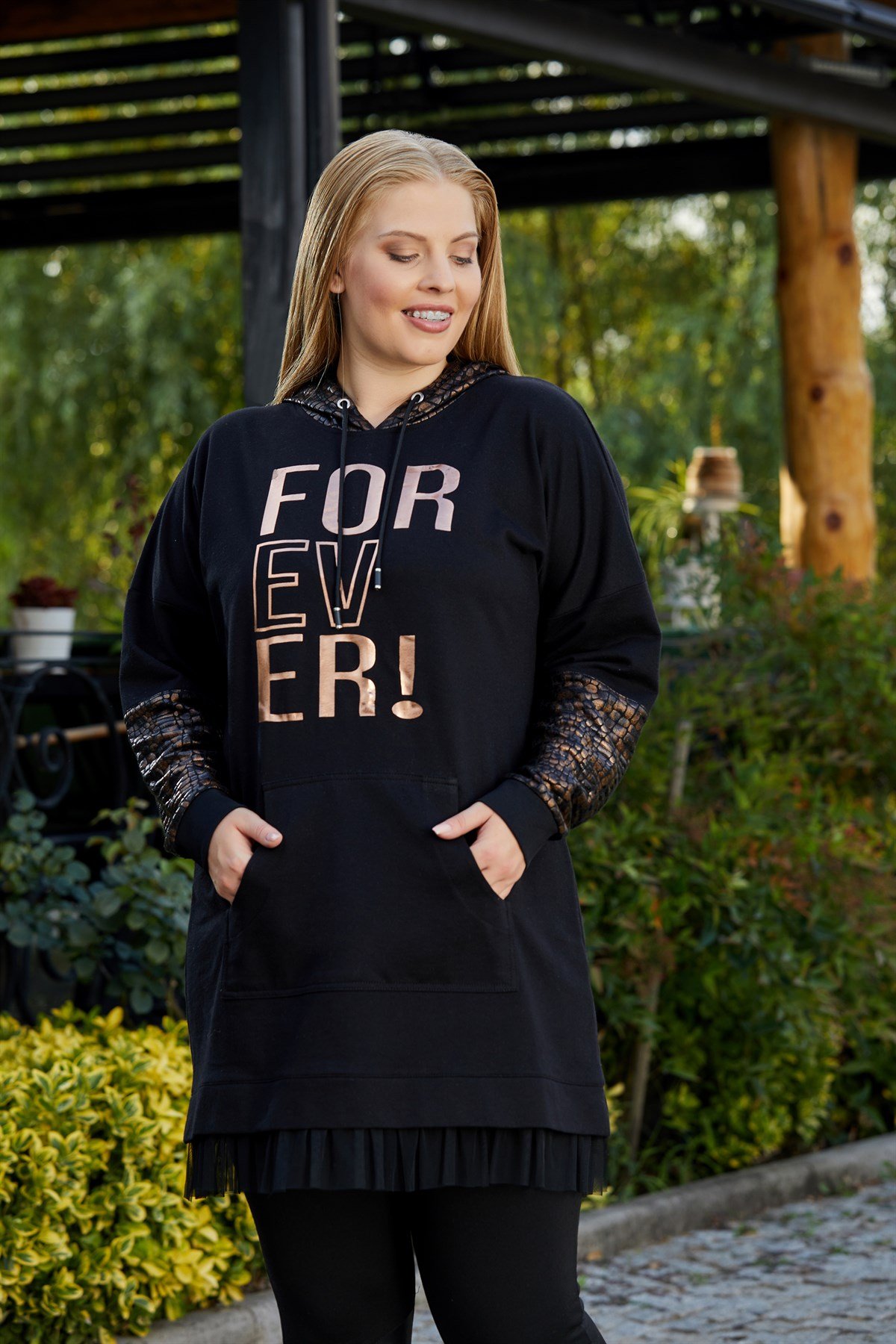 Rmg Varak Baskılı Kol Detaylı Büyük Beden Siyah Sweatshirt