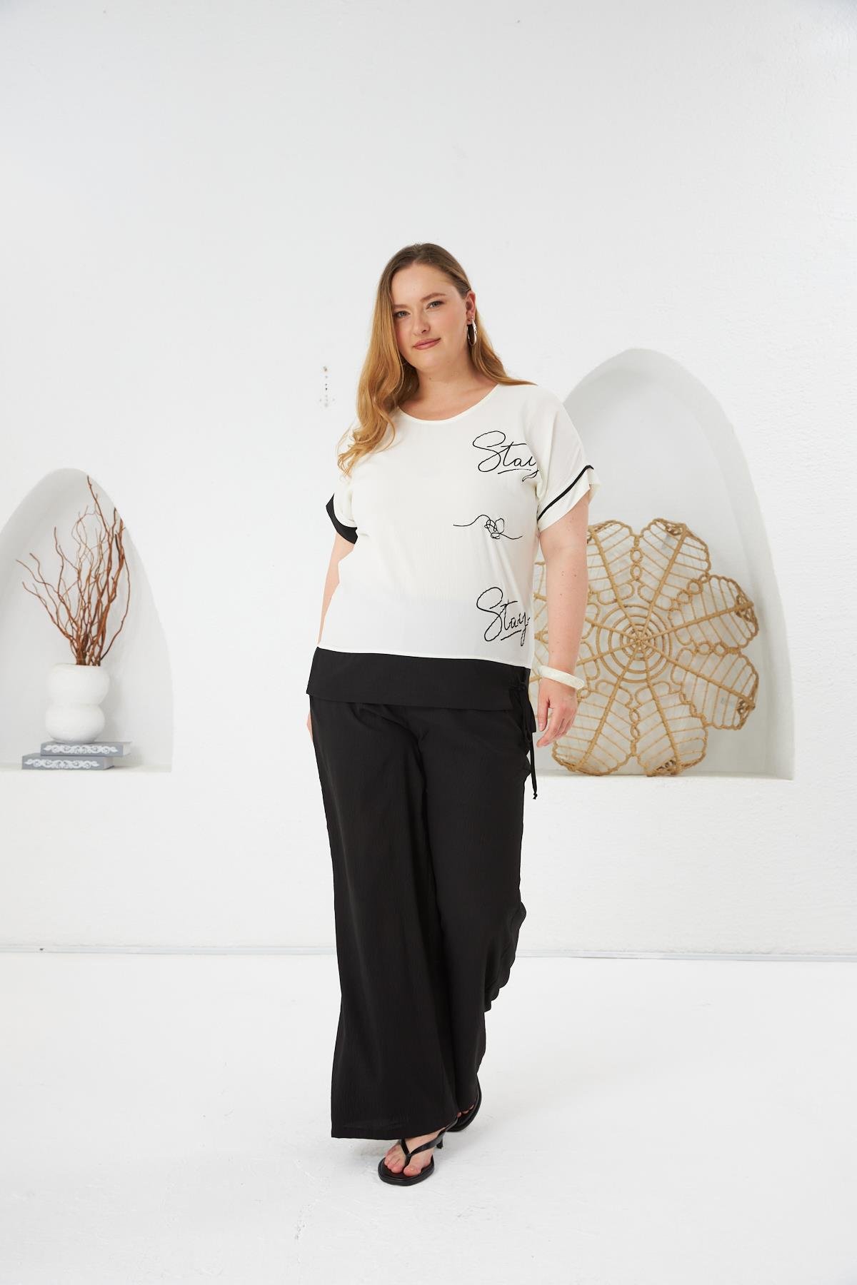 Stay Yazılı Büyük Beden Bluz-Pantolon Takım Siyah