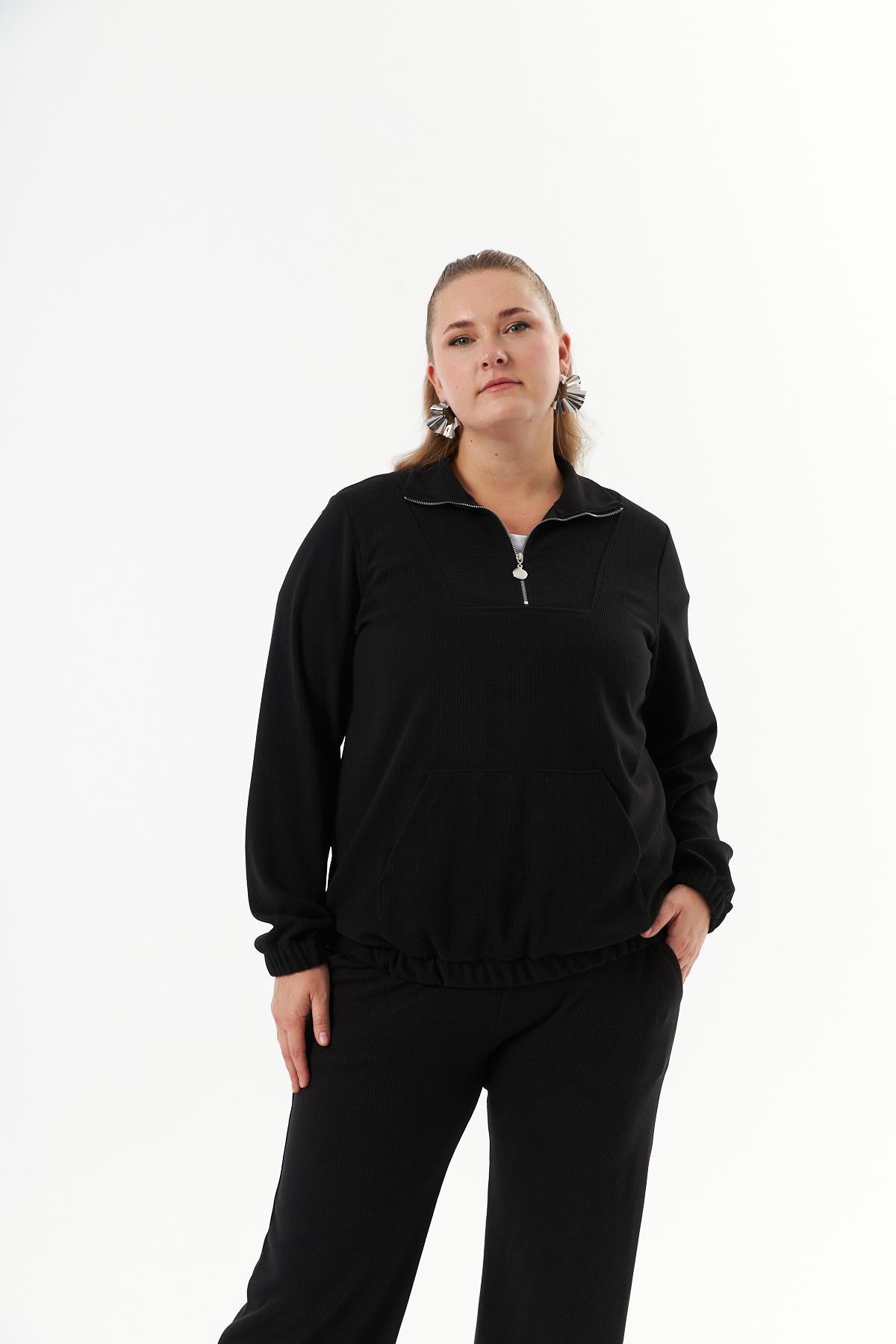 Büyük Beden Yakası Fermuarlı Sweatshirt Siyah