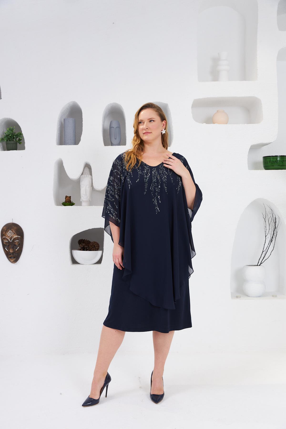 Taş İşlemeli Büyük Beden Abiye Elbise Lacivert