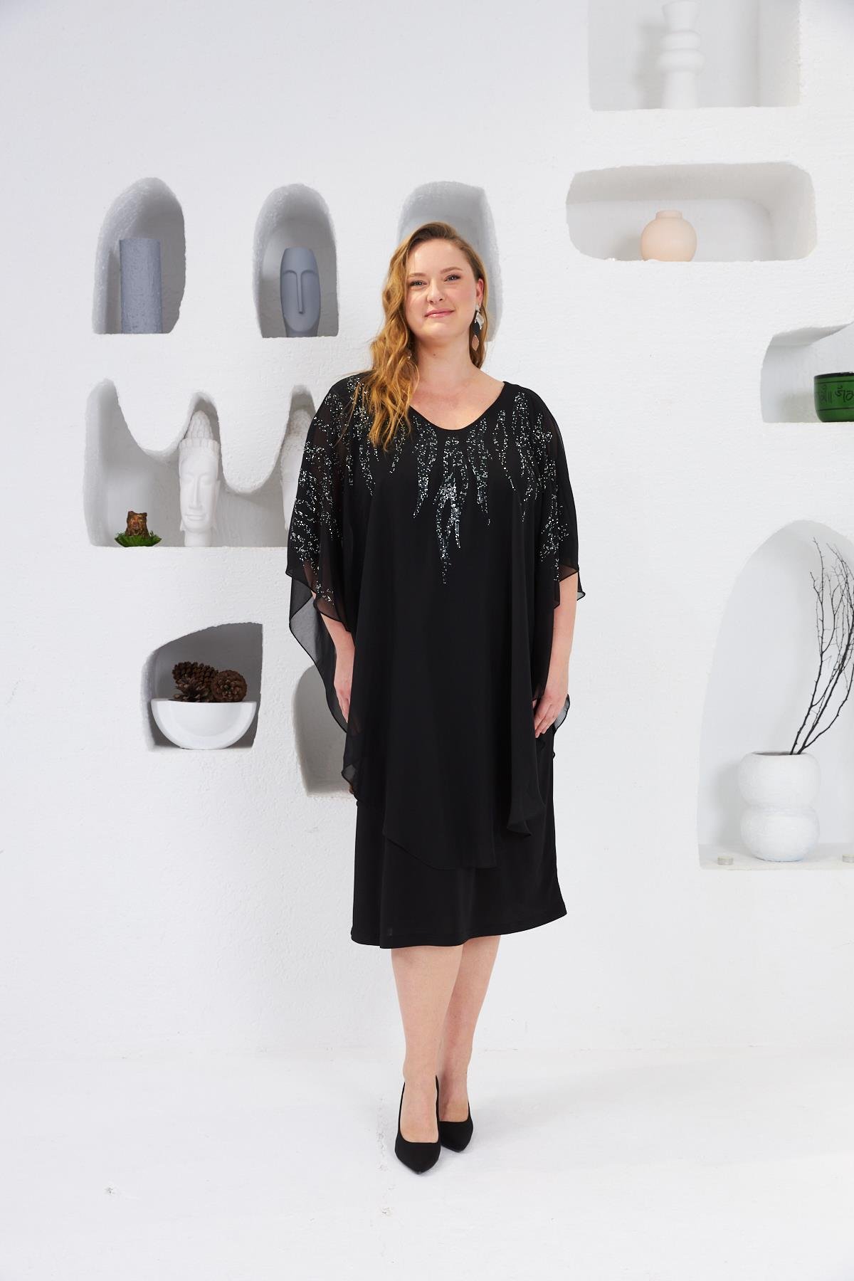 Taş İşlemeli Büyük Beden Abiye Elbise Siyah