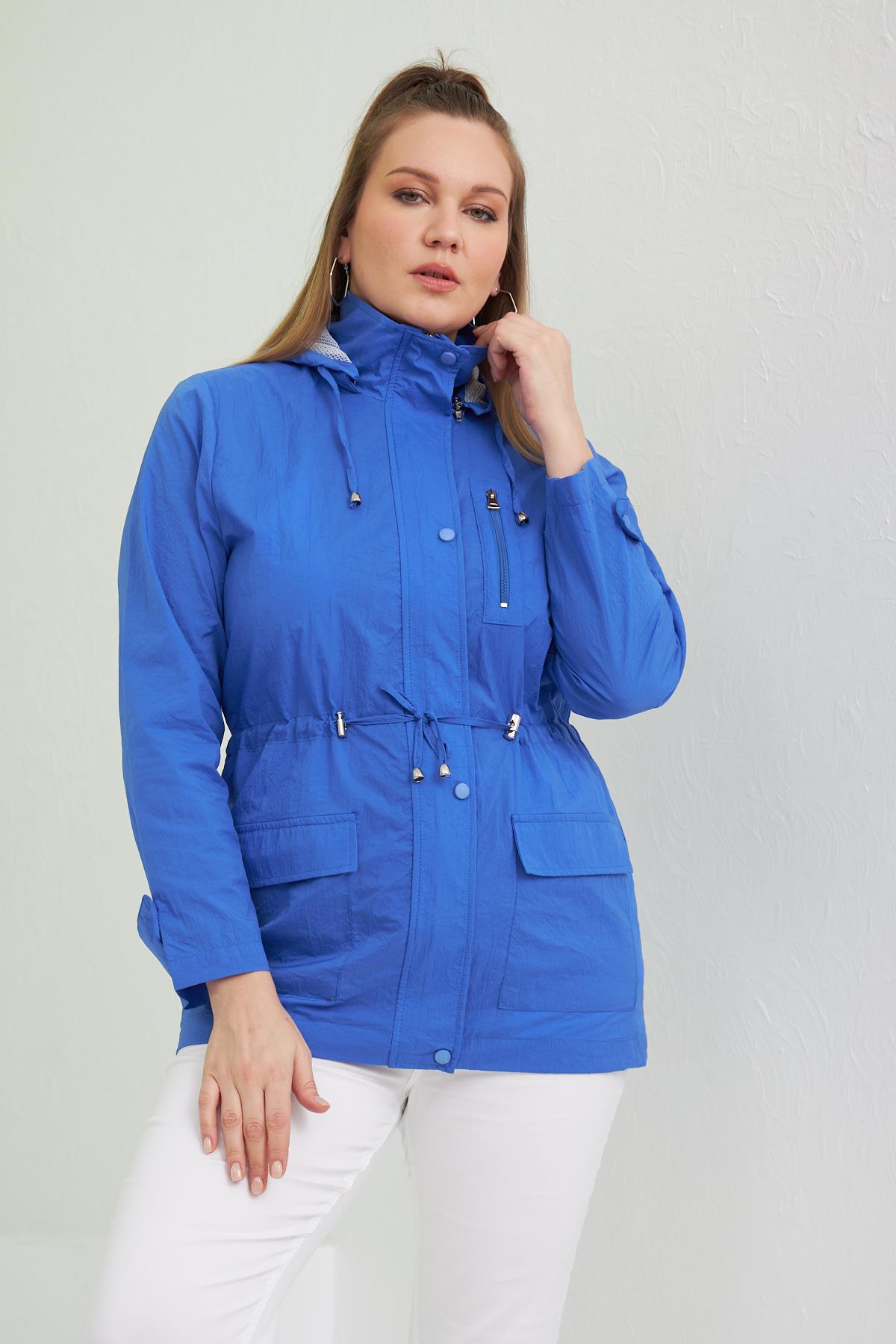 İçi File Astarlı Büyük Beden İndigo Yağmurluk Trençkot 