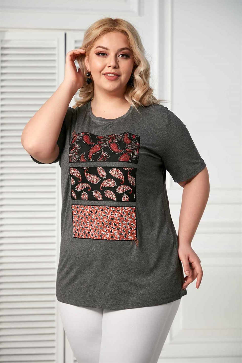 RMG Füme  Desenli Büyük Beden Tshirt