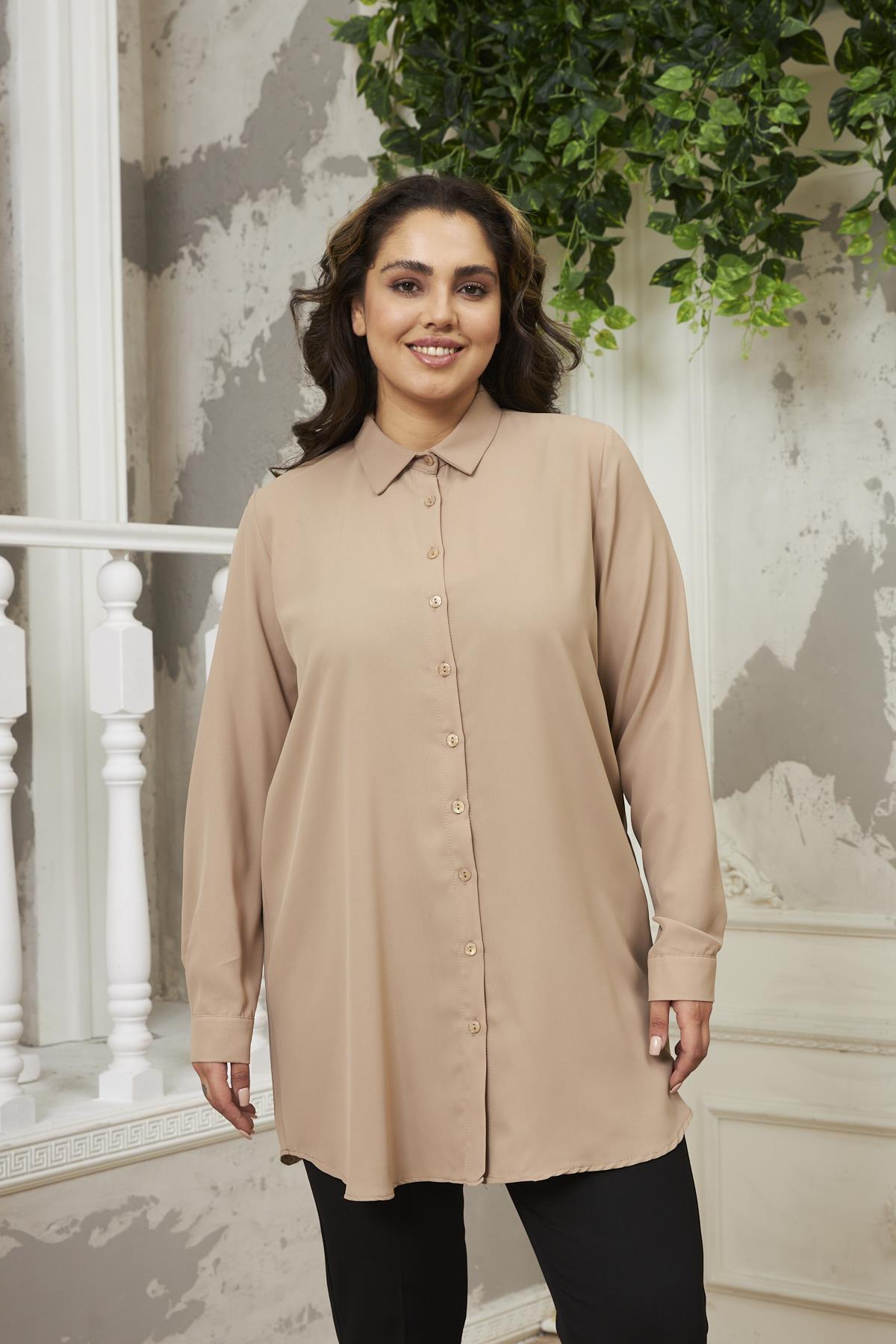 Rmg Büyük Beden Vizon Klasik Uzun Gömlek