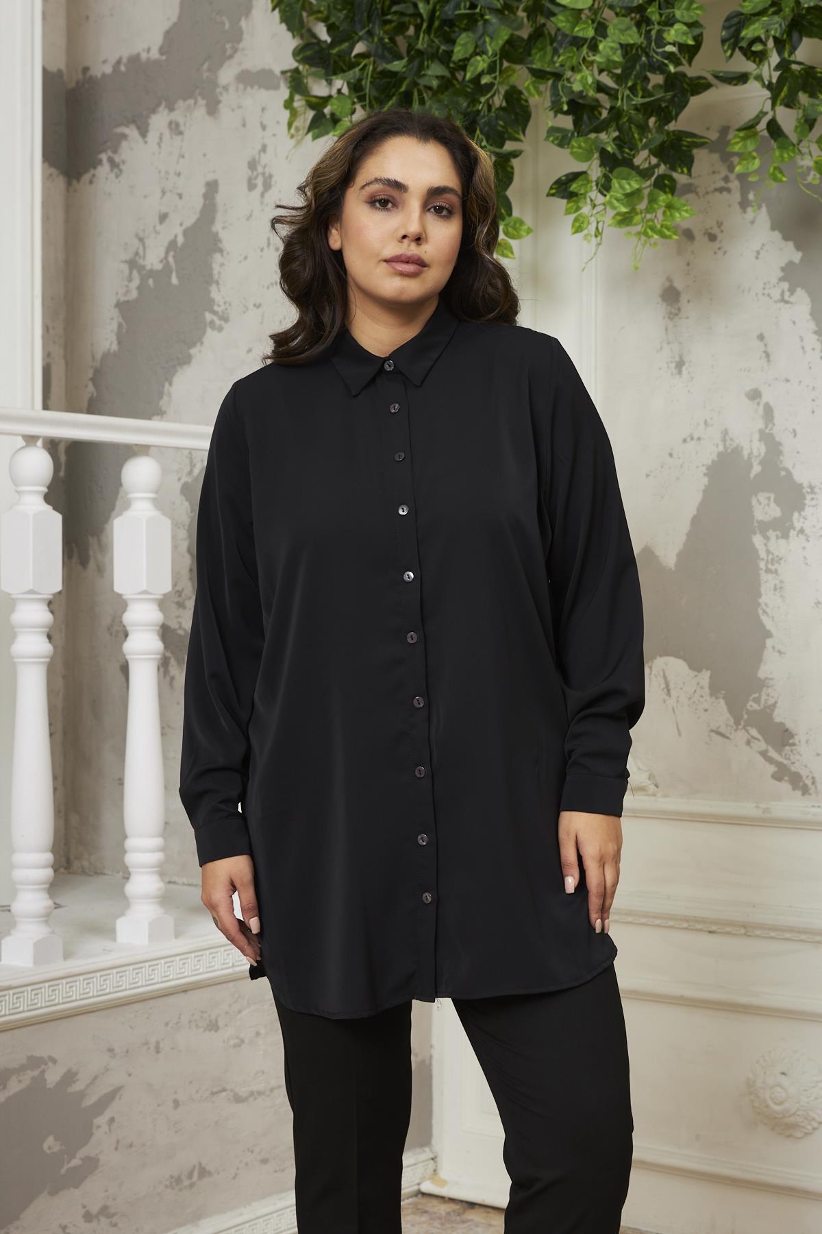 Büyük Beden Siyah Klasik Uzun Gömlek