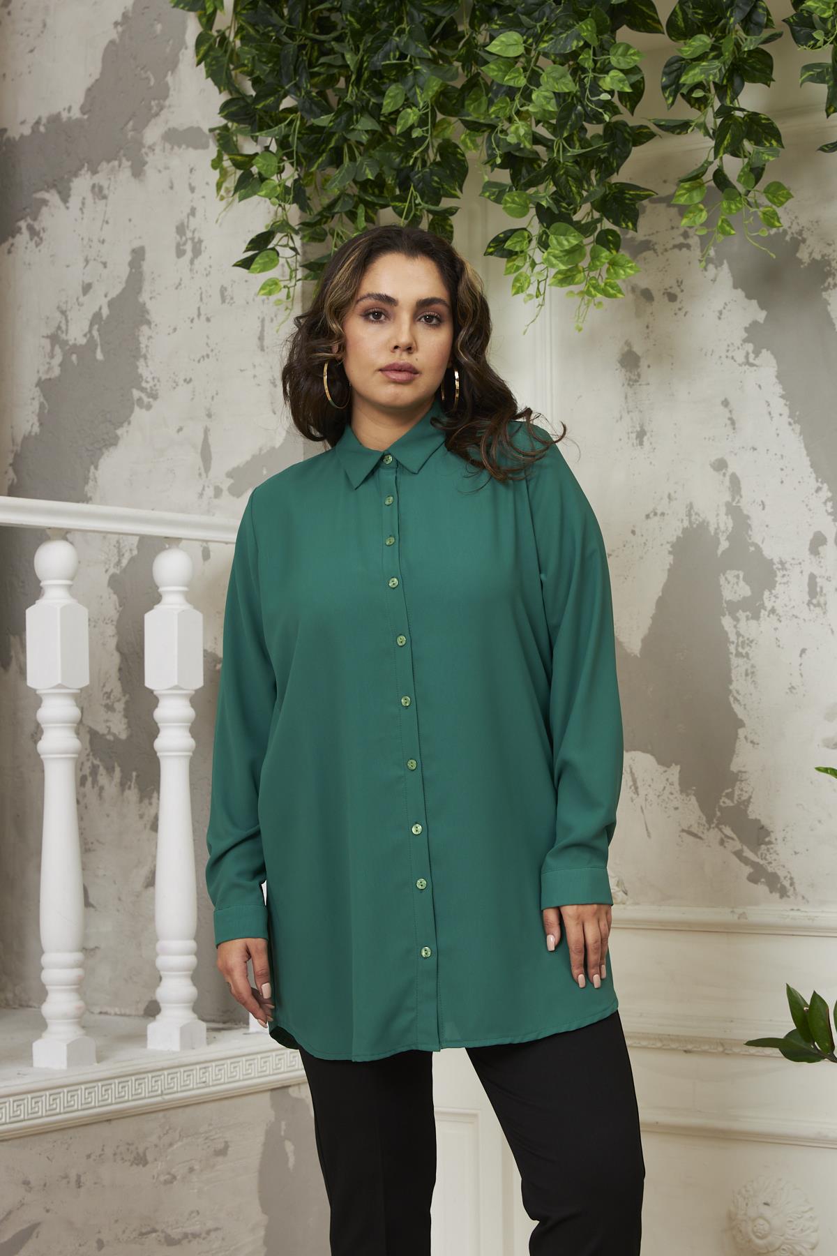 Büyük Beden Zümrüt Klasik Uzun Gömlek