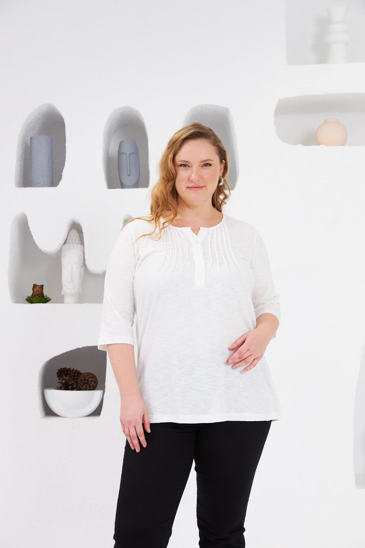 Yaka Nervürlü Büyük Beden Bluz Ekru