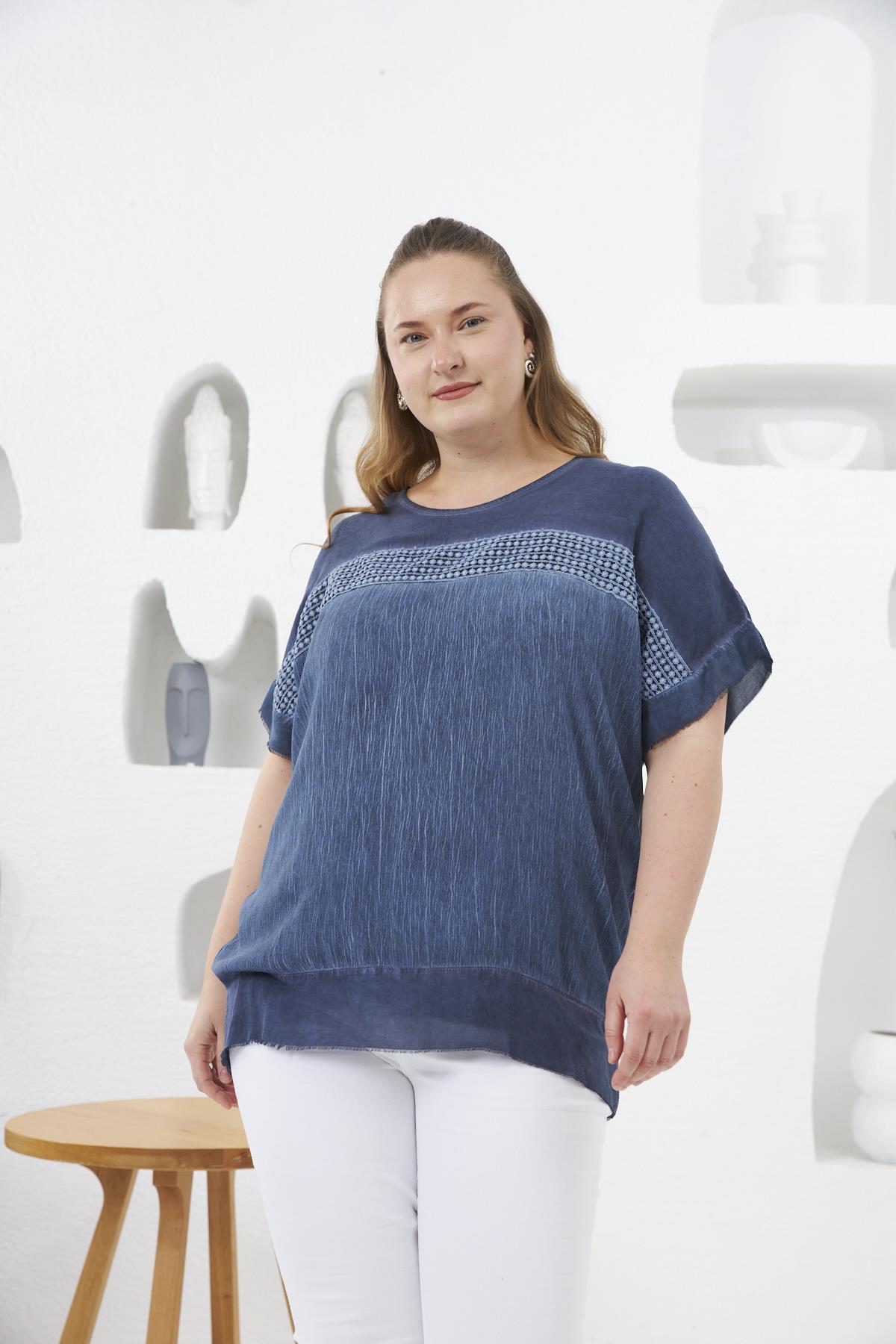 Yıkamalı Büyük Beden Bluz İndigo