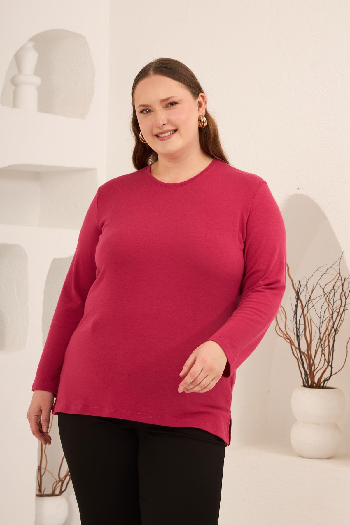 Yırtmaç Detaylı Bisiklet Yaka Kadın Büyük Beden Basic Triko Fuşya