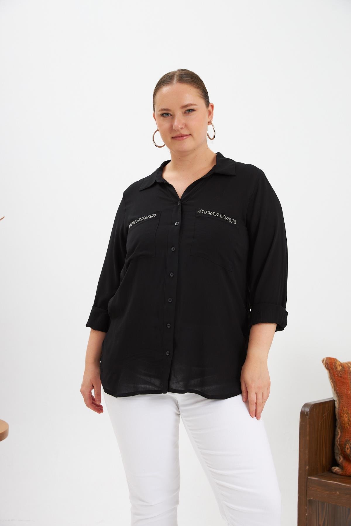 Zincir Nakış Detay Büyük Beden Gömlek Siyah