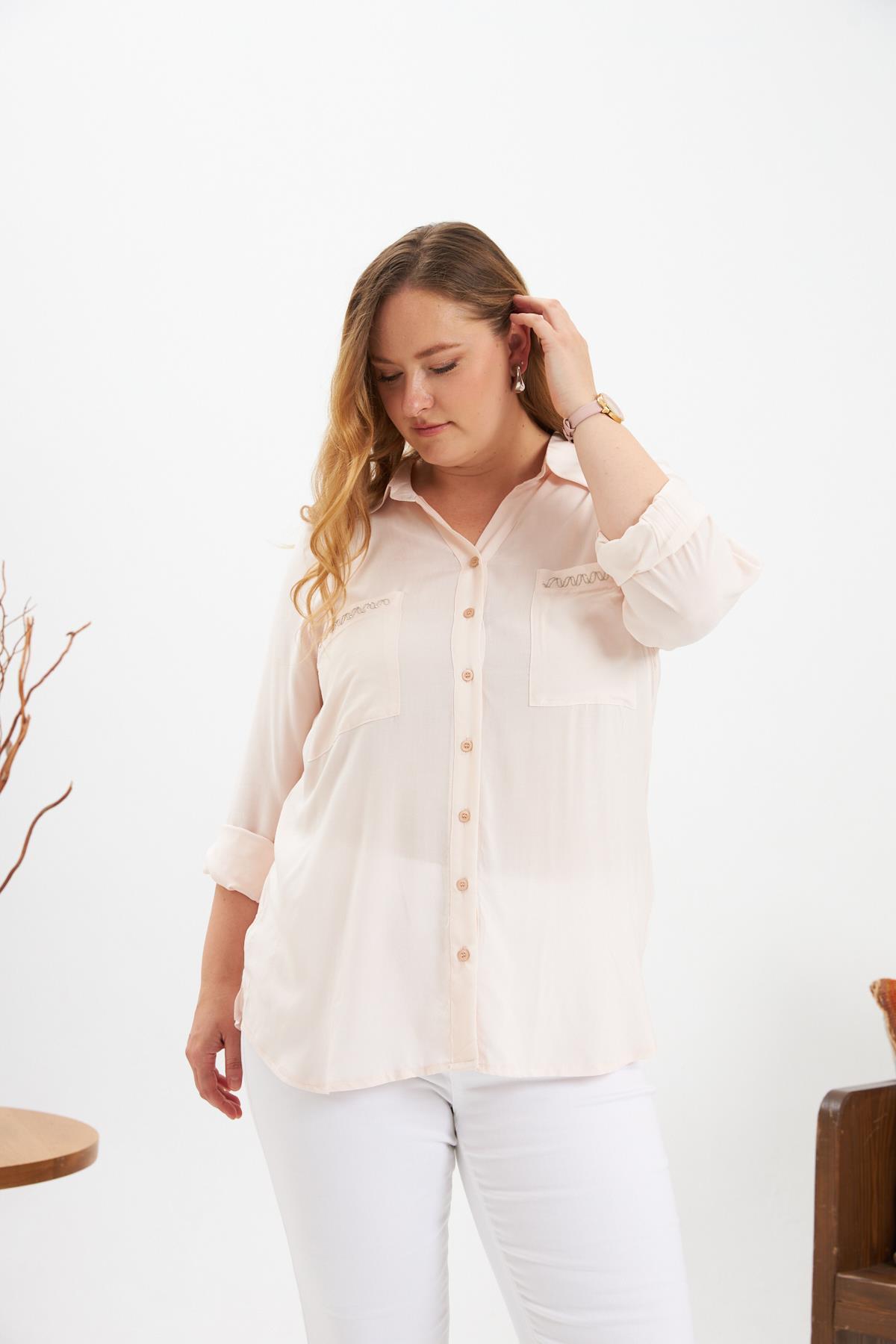 Zincir Nakış Detay Büyük Beden Gömlek Krem