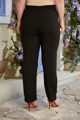 Rmg Beli Lastikli Bağcık Detaylı Büyük Beden Siyah Pantolon