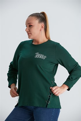 Rmg Eteği Halka Detaylı Büyük Beden Yeşil Sweatshirt