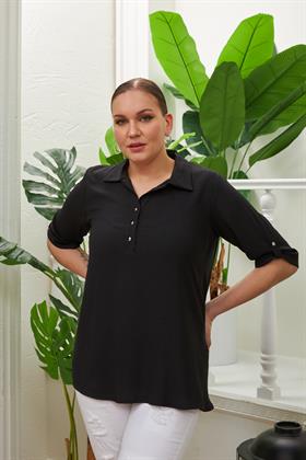 Rmg Kol Detaylı Büyük Beden Gömlek Yaka Siyah Bluz