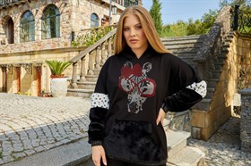 Rmg Kol ve Cep Peluş Detaylı Taş Baskılı Büyük Beden Siyah Sweatshirt