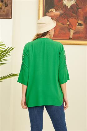 Rmg Nakış Detaylı Büyük Beden Yeşil Bluz