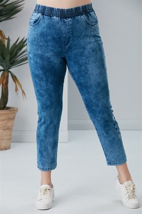 Rmg Paça Ve Cep Nakış Detaylı Beli Lastikli Büyük Beden Mavi Kot Pantolon