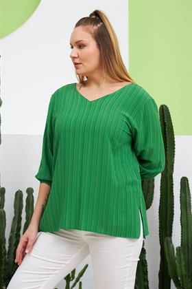 Rmg Sırt Bağcık Detaylı V Yaka Büyük Beden Yeşil Bluz