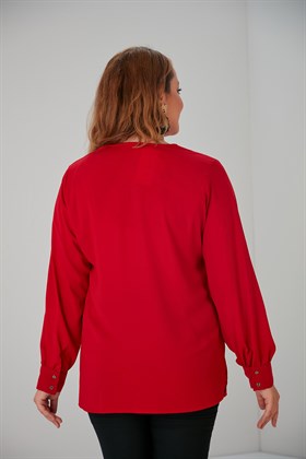 Rmg Yaka Taş Aksesuar Detaylı Büyük Beden Kırmızı Bluz