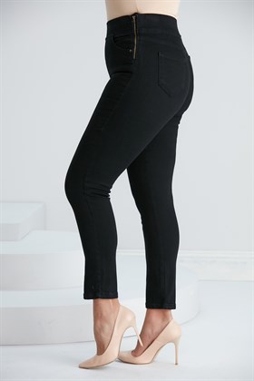 RMG Yanları Fermuarlı Beli Lastikli Büyük Beden Siyah Kot Pantolon