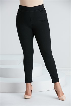 RMG Yanları Fermuarlı Beli Lastikli Büyük Beden Siyah Kot Pantolon