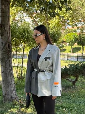 GRİ ÇİFT RENK KEMERLİ BLAZER CEKET