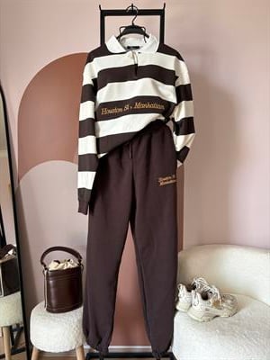 KAHVERENGİ ÇİZGİLİ SWEATSHIRT EŞOFMAN TAKIM