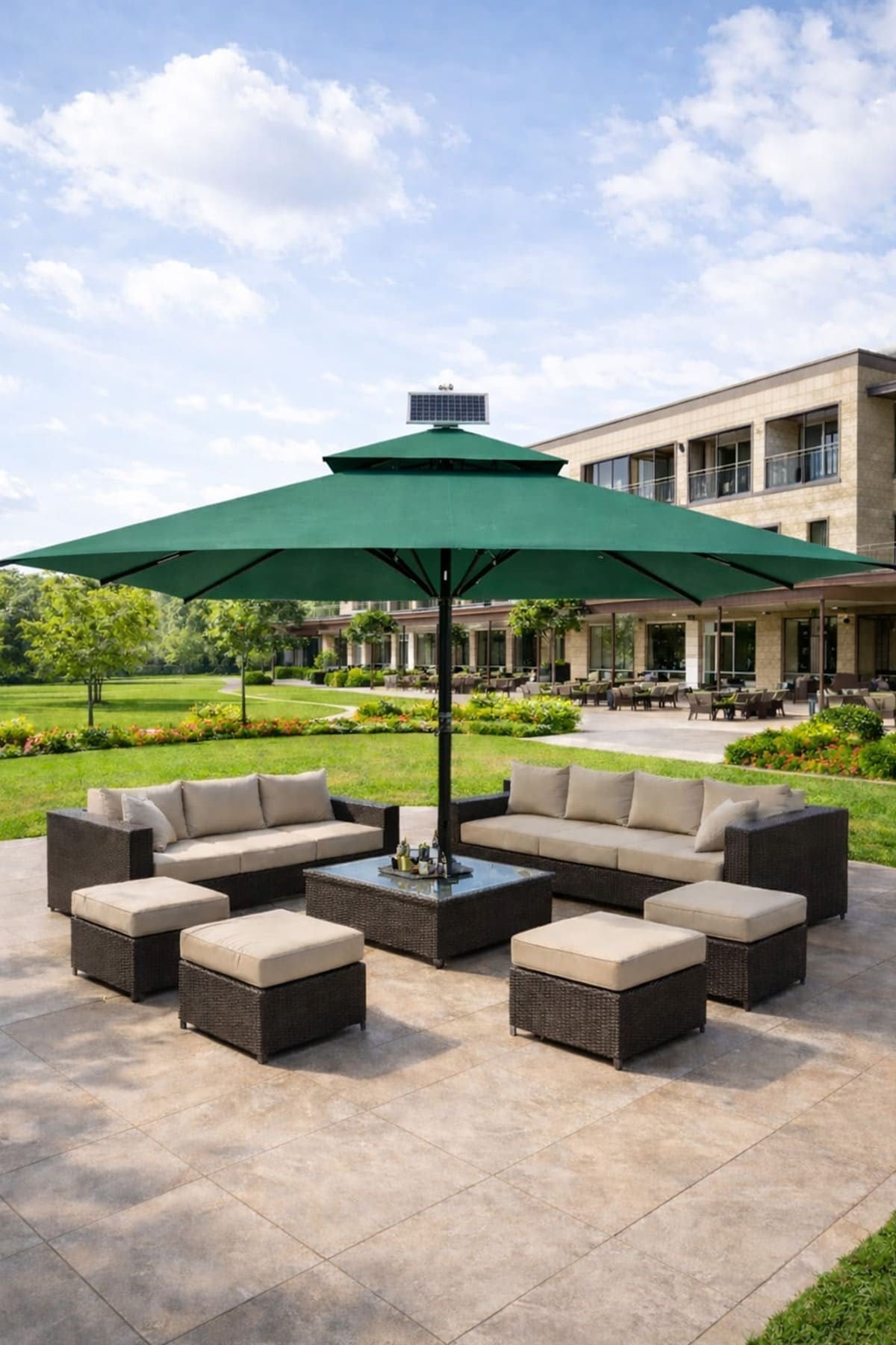 Alezy 345 Solar Sensörlü Güneş Panelli Ledli Polyester Bahçe, Havuz, Plaj Şemsiyesi 5x5 Metre (Mermerler Dahildir)