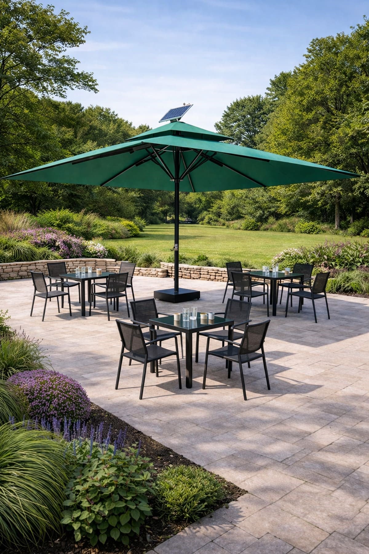 Alezy 346 Solar Sensörlü Güneş Panelli Ledli Polyester Bahçe, Havuz, Plaj Şemsiyesi 4x4 Metre (Mermerler Dahildir)