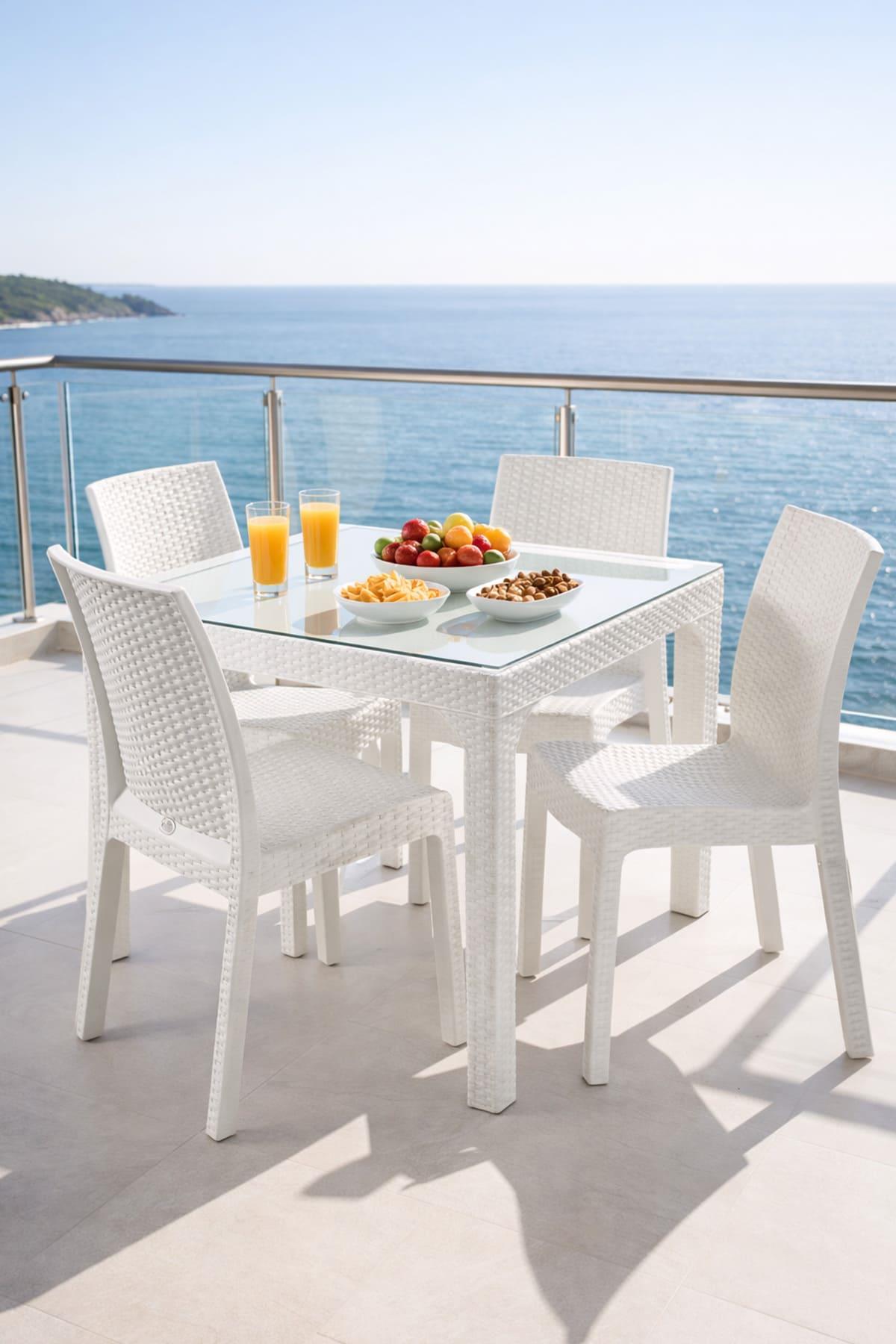 Holiday HM710 Rattan Camlı 90x90 Masa + 4 Adet HK710 Deluxe Sandalye