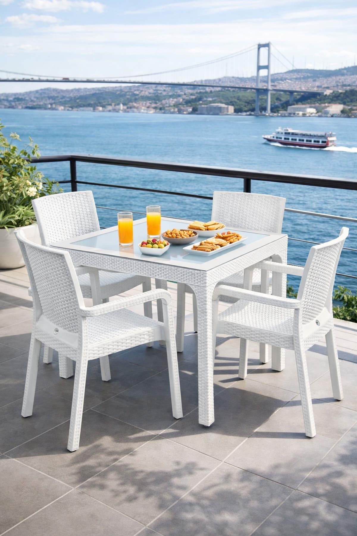 Holiday HM710 Rattan Camlı 90x90 Masa + 4 Adet HK700 Markiz Koltuk