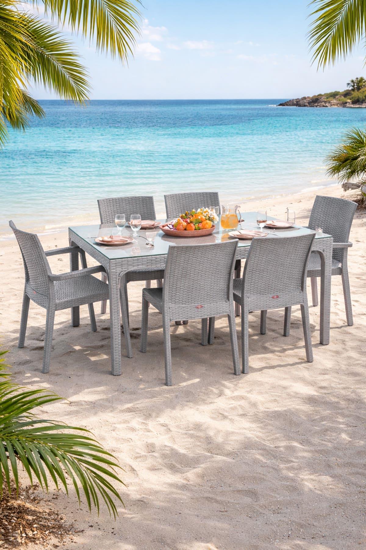 Holiday HM725 Rattan Camlı 80x140 Masa + 4 Adet HK710 Deluxe (Kolsuz)  2 Adet HK700 Markiz Koltuk (Kollu)