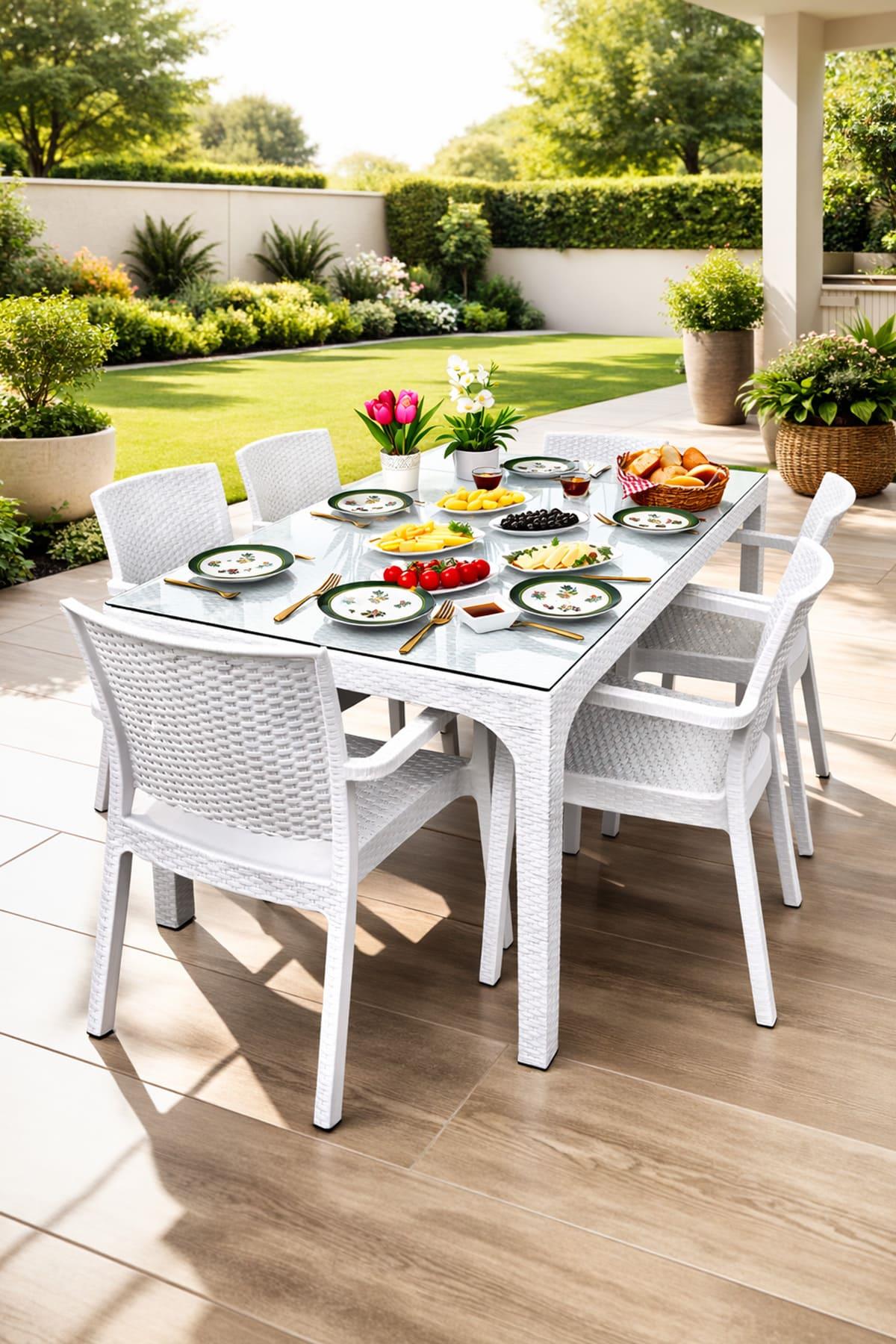 Holiday HM725 Rattan Camlı 80x140 Masa + 6 Adet HK700 Markiz Koltuk
