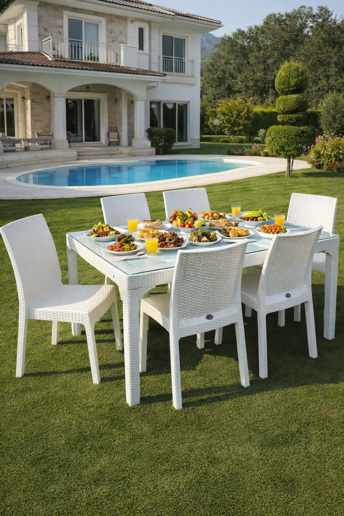 Holiday HM725 Rattan Camlı 80x140 Masa + 6 Adet HK710 Deluxe Sandalye