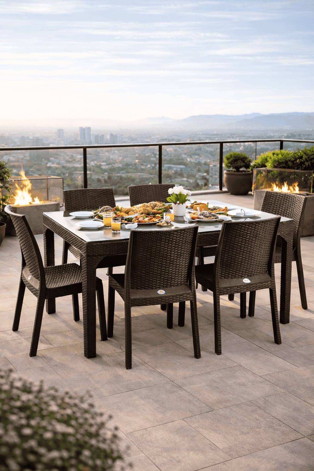 Holiday HM730 Rattan Camlı 90x150 Masa + 6 Adet HK710 Deluxe Sandalye