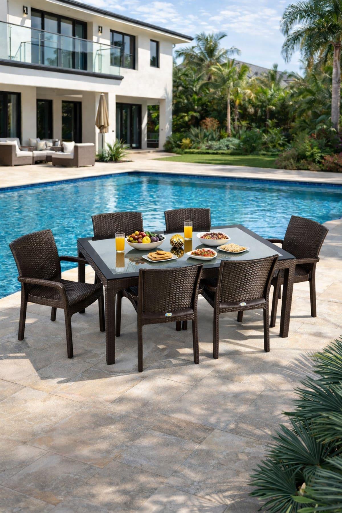 Holiday Pegasus Set HM730 Rattan Camlı 90x150 Masa + 6 Adet HK700 Markiz Koltuk
