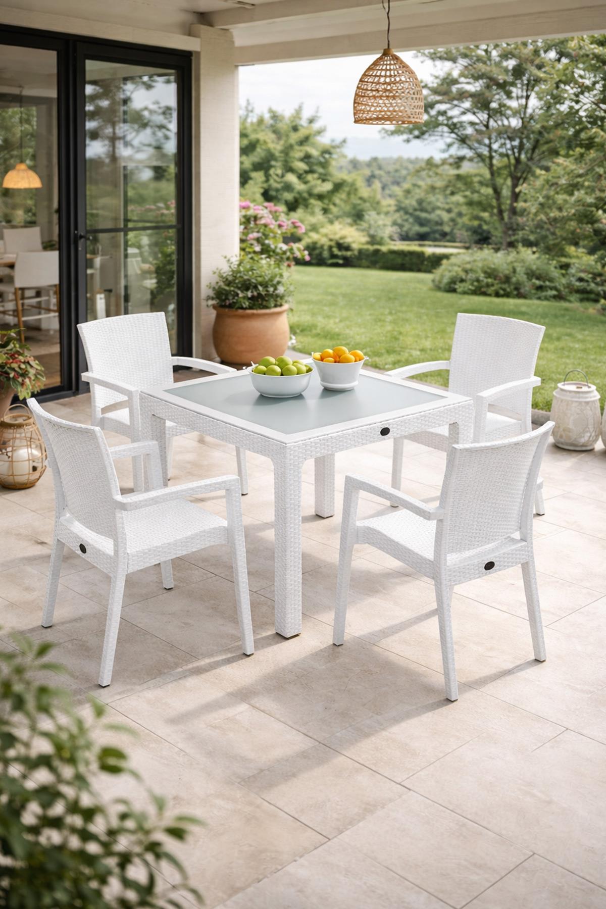 Novussi Balkon-Bahçe 90x90 Camlı Masa +4 Adet Paris Koltuk Masa Takımı