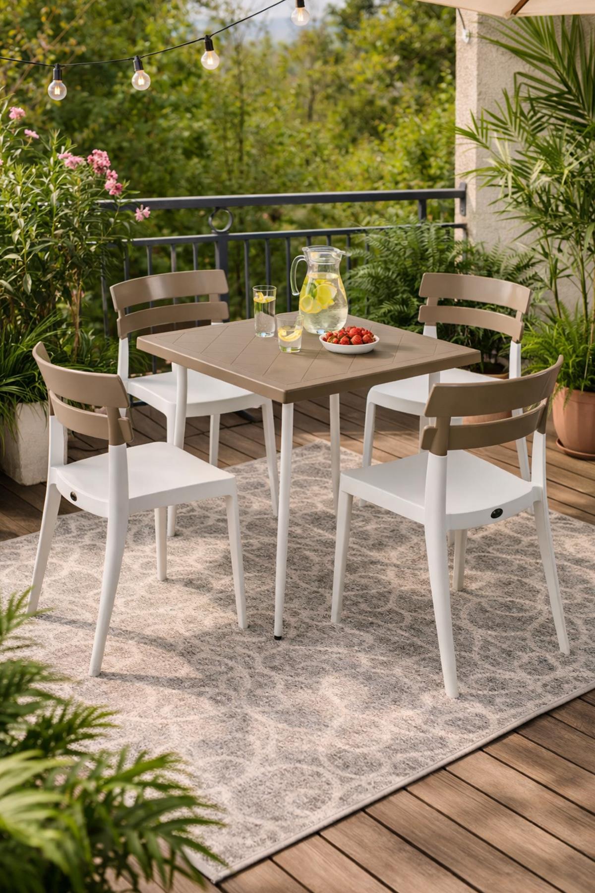 Novussi Carmen Bahçe-Balkon Set 80x80 Masa + 4 Adet Bermo Beyaz Ayaklı Sandalye