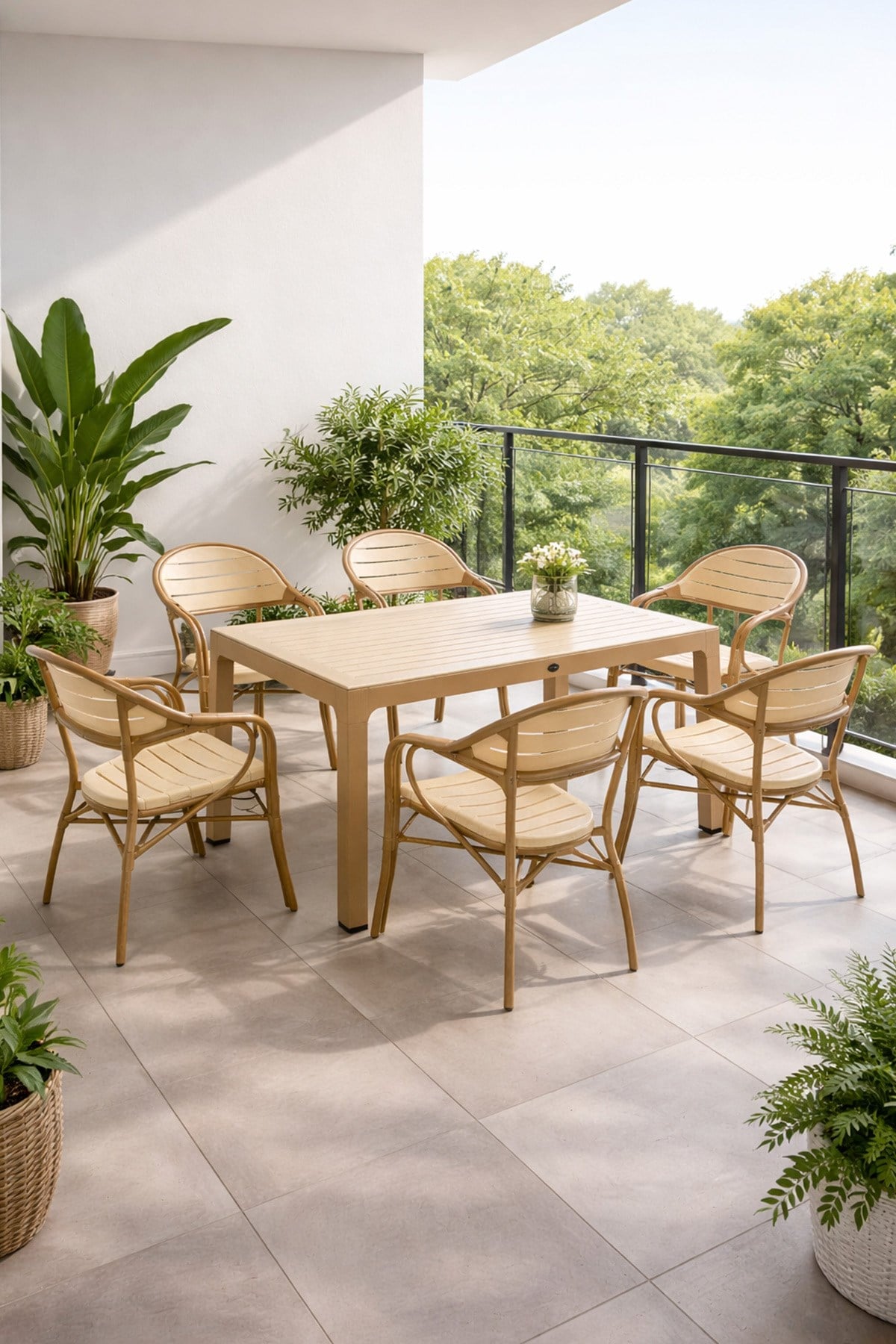 Novussi NST-003 Bamboo Bahçe Masa Takımı 90x150 Camlı Masa + 6 Koltuk