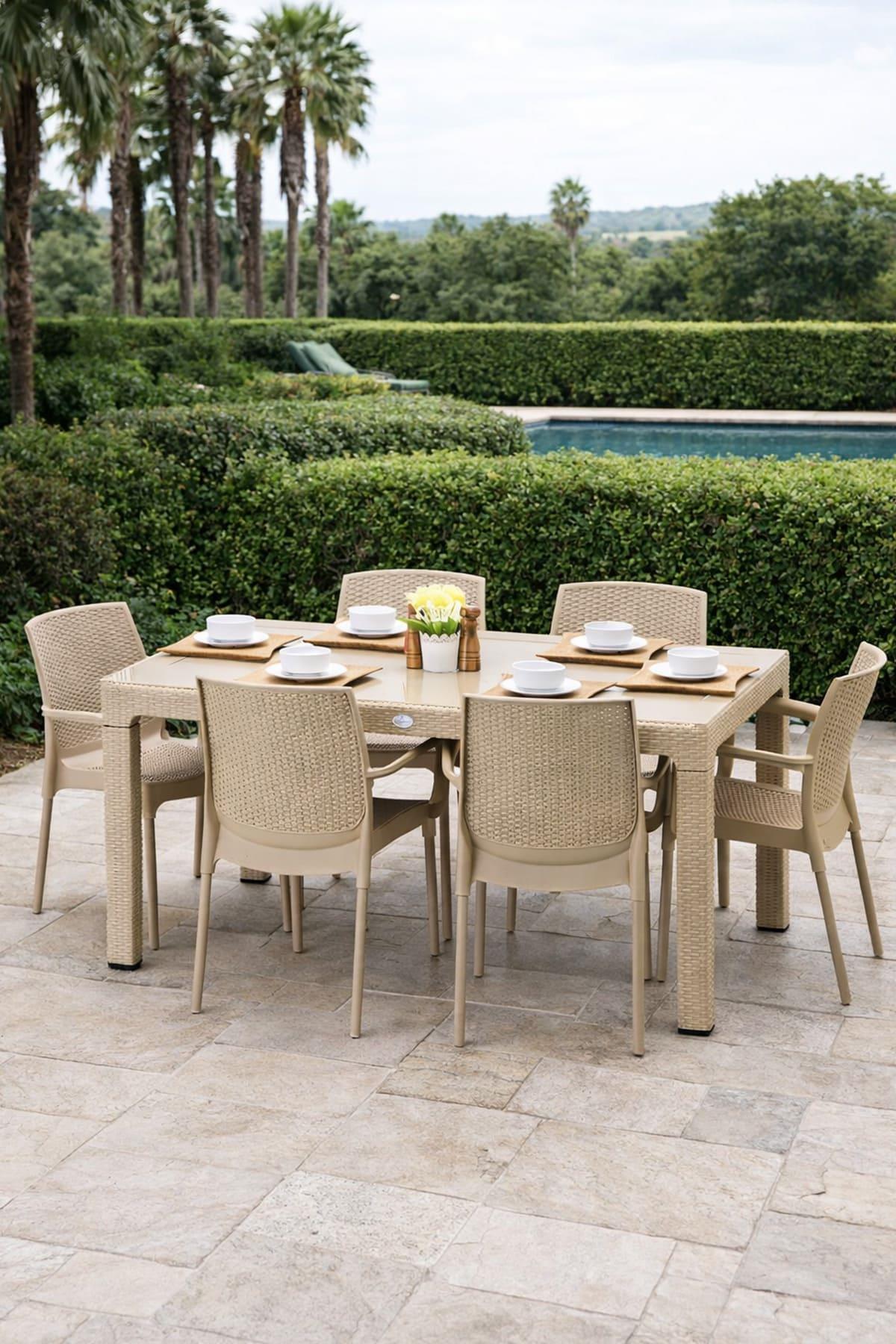 Novussi Rattan Camlı 90x150 Masa + 6 Adet Sunset Koltuk
